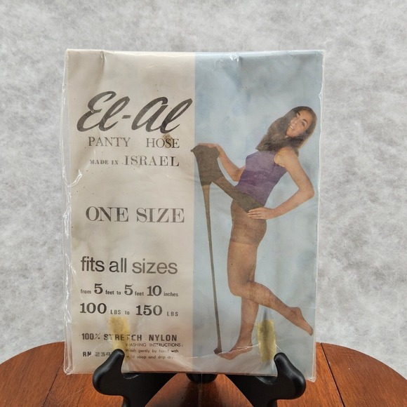 El-Al nylon pantyhose vintage 1970s Taupe One Size Super‎ Stretch - Picture 2 of 2